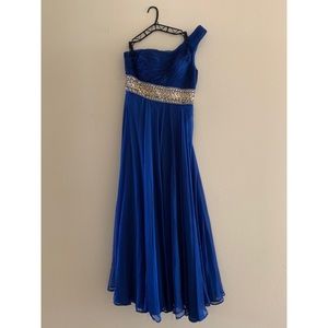 Royal blue gown.